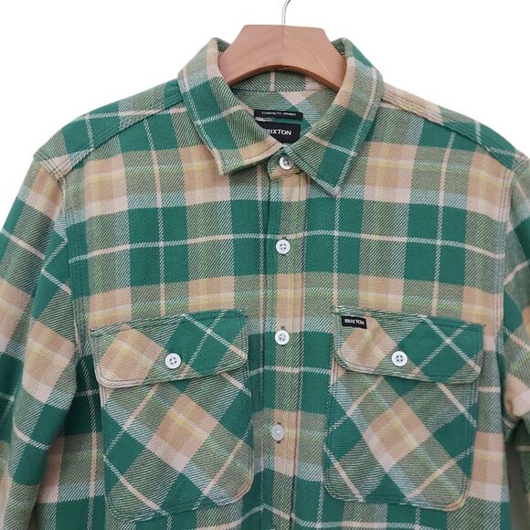Brixton Shirt Mens Small Green Flannel Plaid Long Sleeve Standard Fit Bowery - Picture 2 of 12